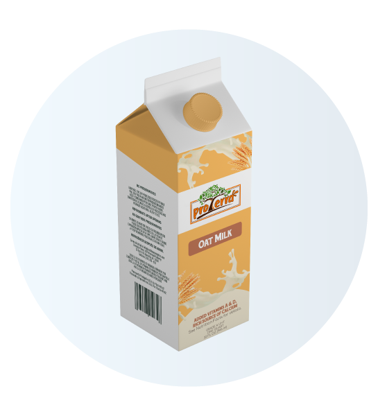 Cartón de leche de avena Pro Cere en tonos naranja y blanco, con imagen de avena y texto nutricional como “Vitaminas A & D añadidas” y “Rico en calcio”.
