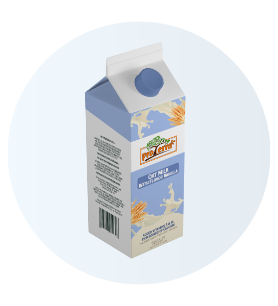 Cartón azul de leche de avena Pro Cere con sabor vainilla. Incluye ilustraciones de avena, salpicadura de leche y texto nutricional como “Vitaminas A & D añadidas”.
