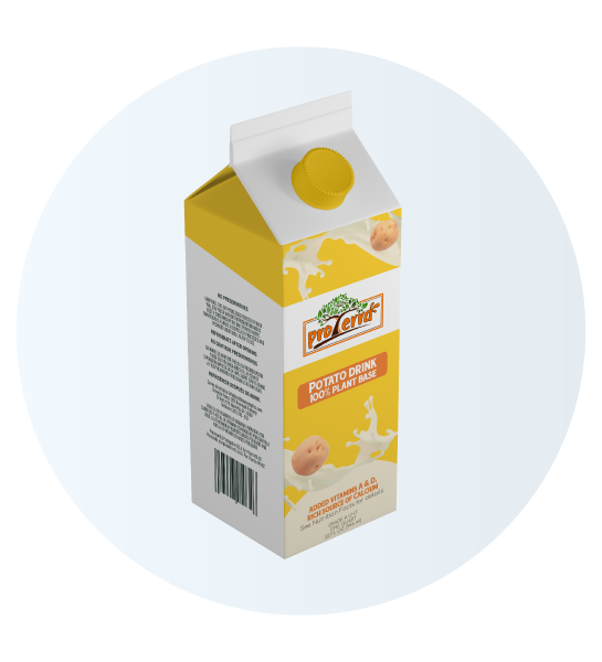 Cartón amarillo y blanco de bebida vegetal Pro Terra Potato Drink, con tapa amarilla, que destaca beneficios como base 100% vegetal, sin lactosa, gluten, soya ni nueces, y vitaminas A y D añadidas.