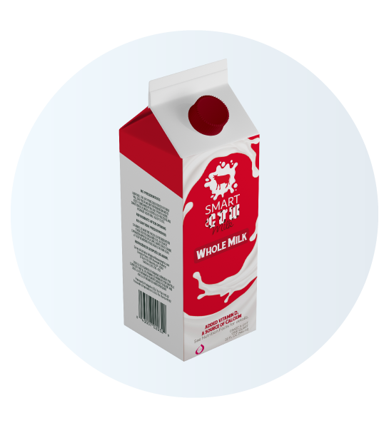Cartón de leche entera Smart Milk en tonos rojo y blanco con tapa roja, incluye ilustración de vaca, salpicadura de leche y texto nutricional en el lateral.