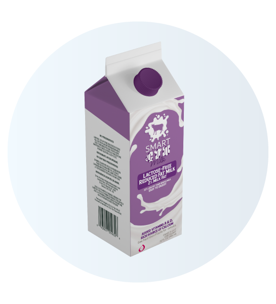 Cartón de leche Smart Milk sin lactosa y reducida en grasa, en tonos púrpura y blanco, con información de vitaminas y calcio.