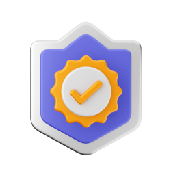 Escudo azul con borde plateado, que contiene un círculo blanco con una marca de verificación amarilla, rodeado por un borde ondulado amarillo.