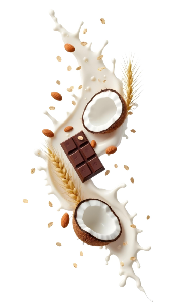 Mitades de coco, trozo de chocolate, almendras, espigas de trigo y salpicaduras de leche sobre fondo transparente.