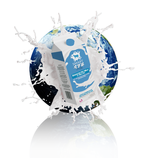 Cartón de leche “Smart Milk” con efecto de salpicadura blanca frente a un globo terráqueo, transmitiendo frescura y nutrición global.