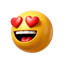 Emoji 3D con ojos de corazón y gran sonrisa, sobre fondo transparente.
